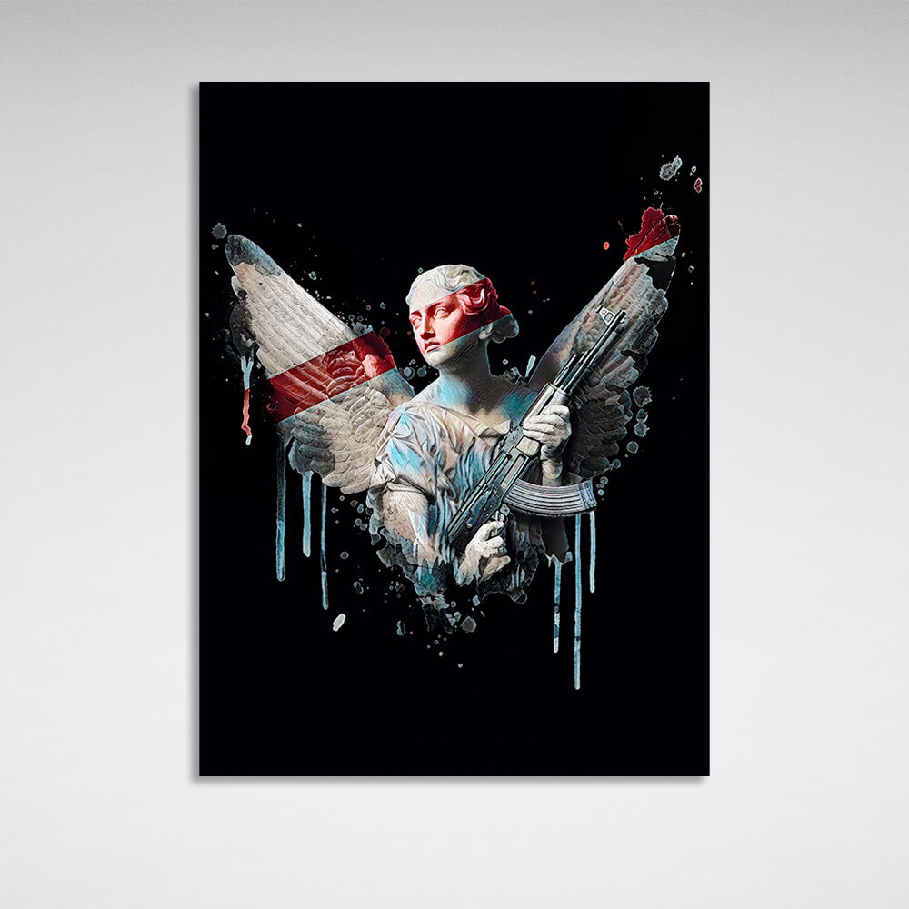 A sculpture with a gun on a black background Canvas Wall Art Print