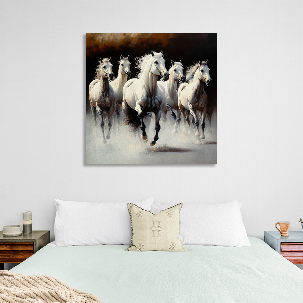 5 white horses on a dark background Canvas Wall Art Print