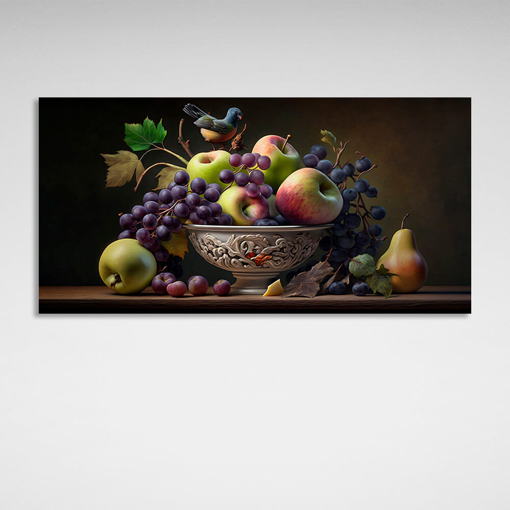 Still life with apples and grapes and a bird Canvas Wall Art Print