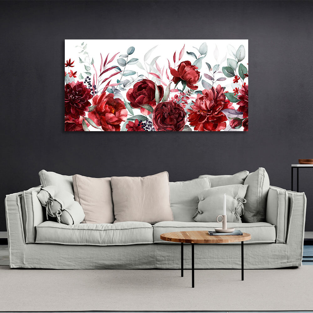 Kunstdruck auf Leinwand mit roten Blumen auf weißem Hintergrund