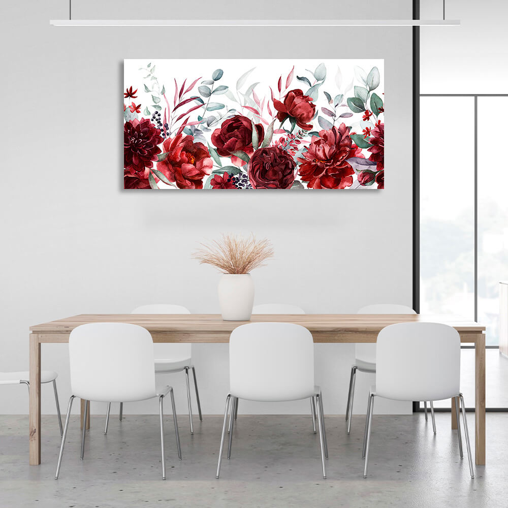 Kunstdruck auf Leinwand mit roten Blumen auf weißem Hintergrund