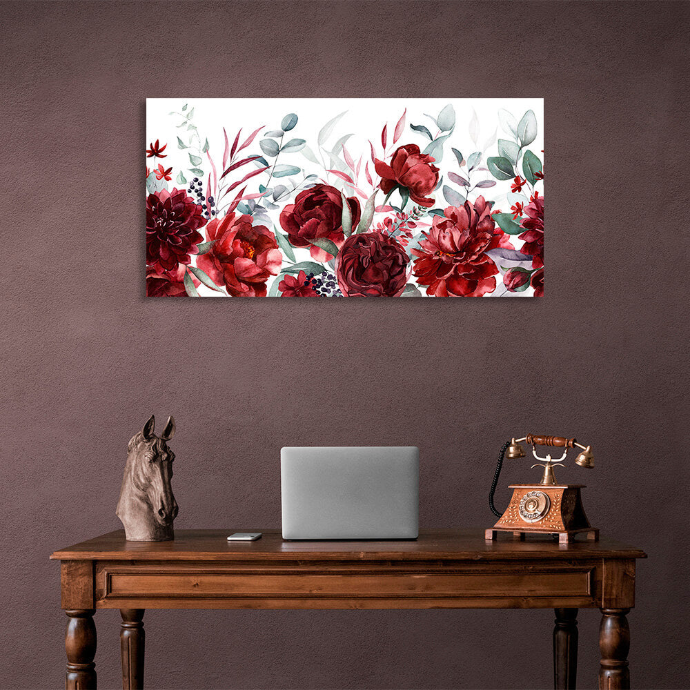 Kunstdruck auf Leinwand mit roten Blumen auf weißem Hintergrund