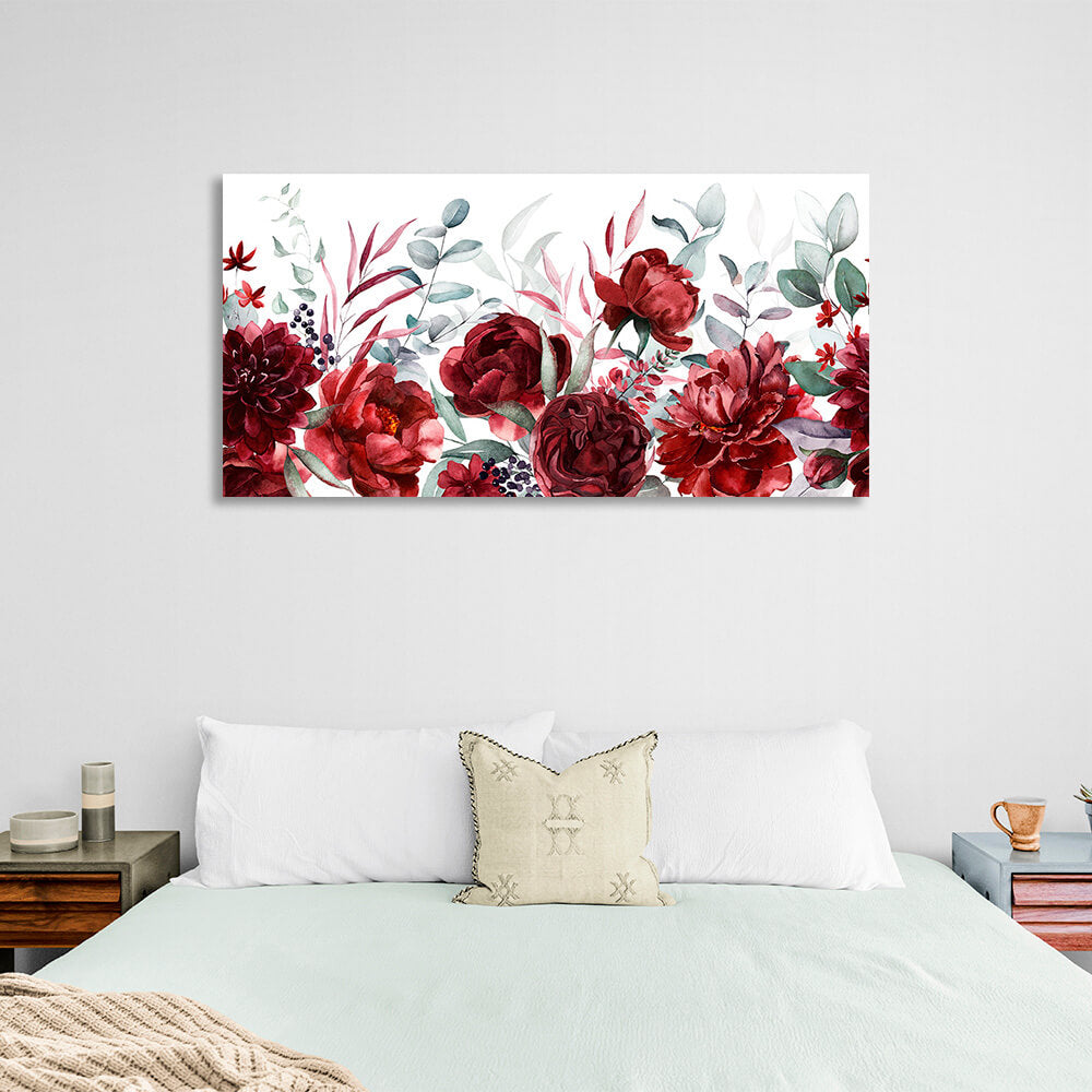 Kunstdruck auf Leinwand mit roten Blumen auf weißem Hintergrund