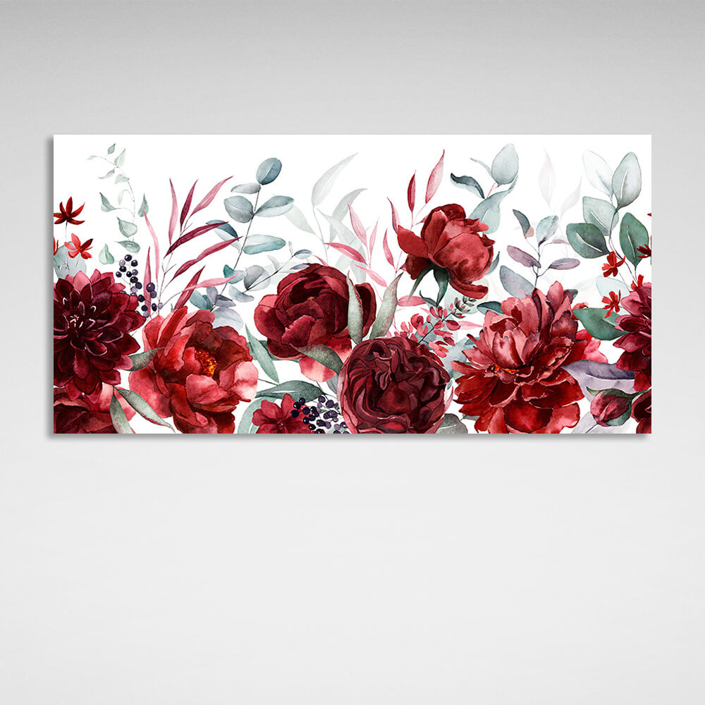 Kunstdruck auf Leinwand mit roten Blumen auf weißem Hintergrund