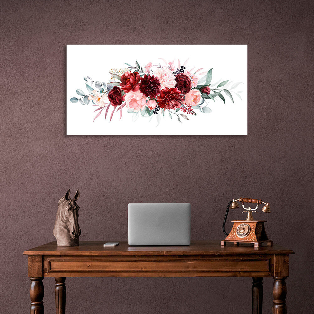 Horizontal composition of flowers on white background Canvas Wall Art Print