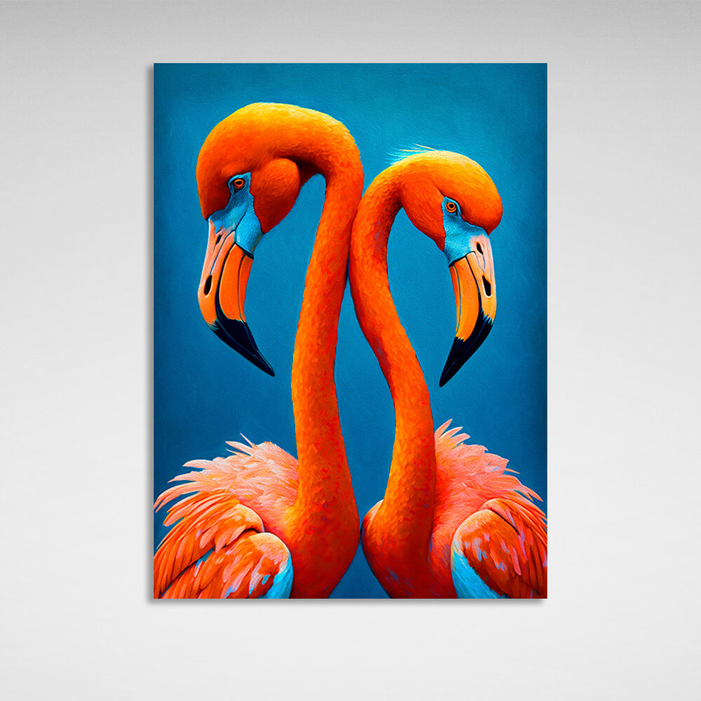 Leinwandbild „Zwei Flamingos auf blauem Hintergrund“