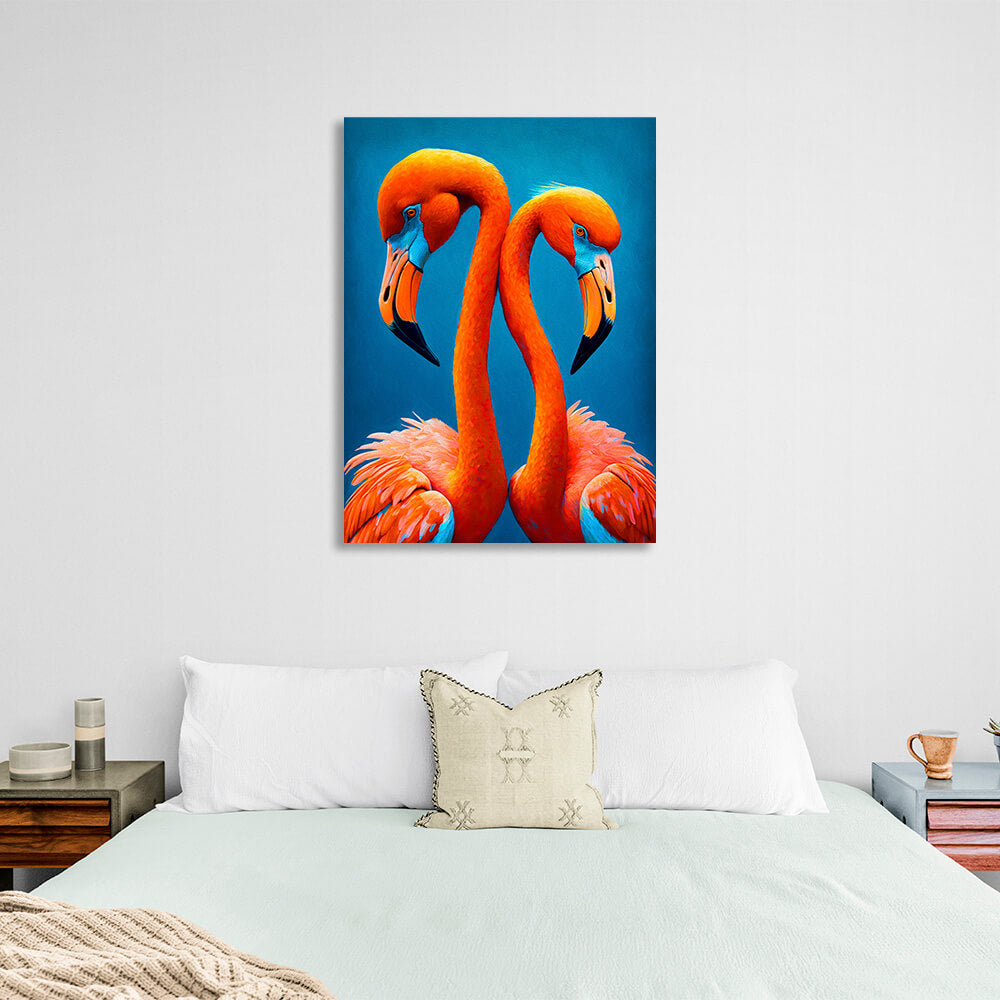 Leinwandbild „Zwei Flamingos auf blauem Hintergrund“