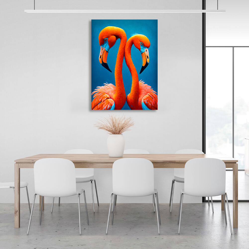 Leinwandbild „Zwei Flamingos auf blauem Hintergrund“