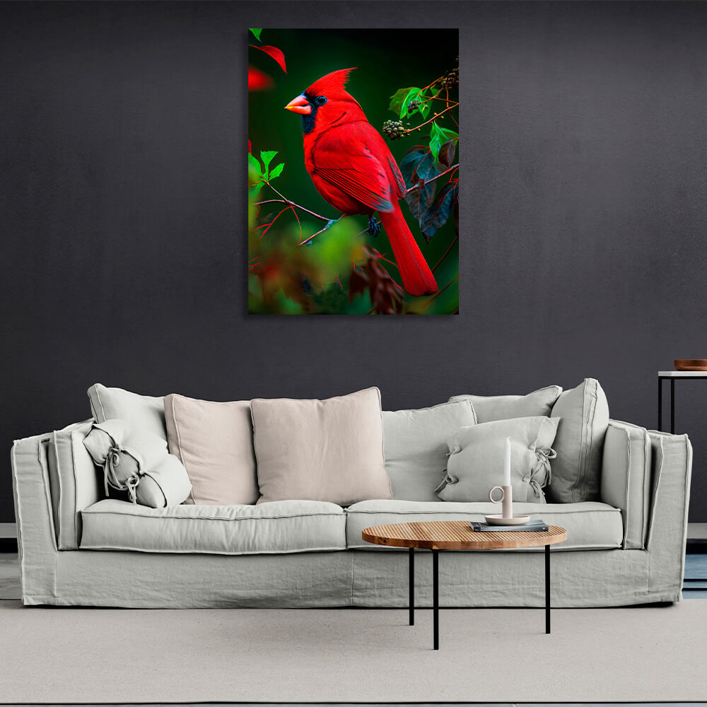 The red cardinal is sitting on a branch Canvas Wall Art Print