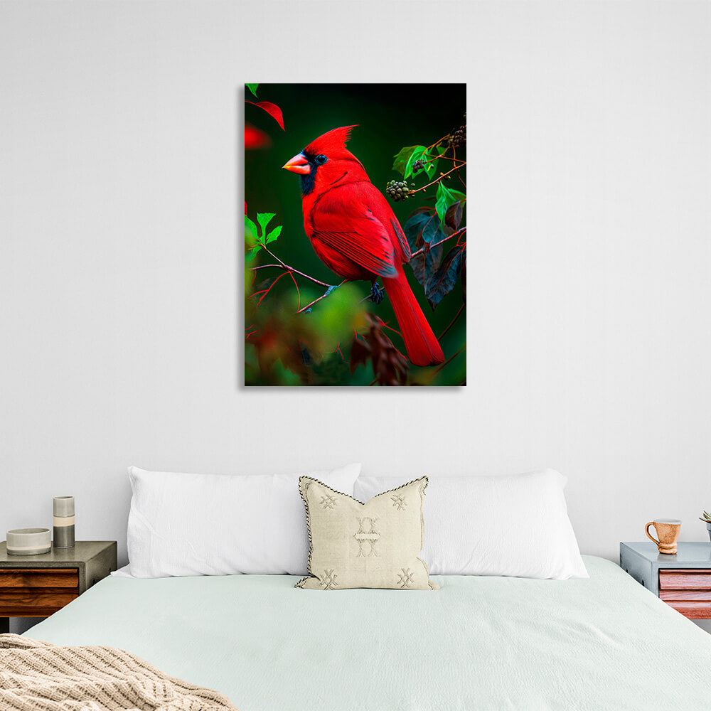 The red cardinal is sitting on a branch Canvas Wall Art Print