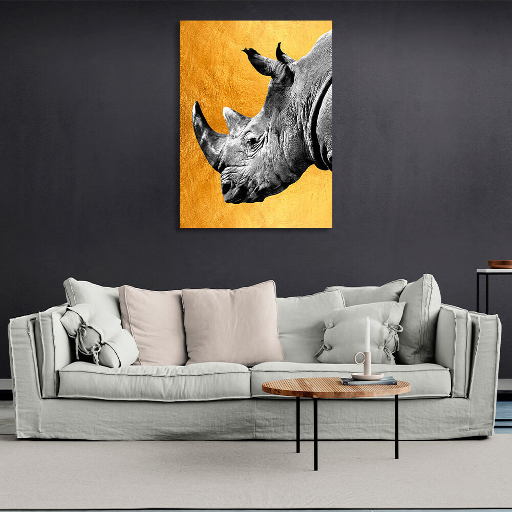 Kunstdruck auf Leinwand, Motiv: graues Nashorn auf goldenem Hintergrund