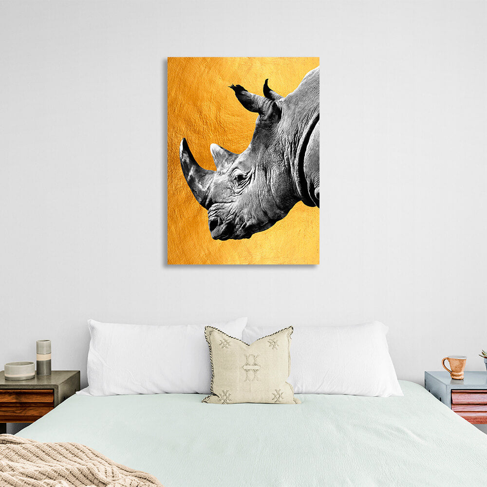 Kunstdruck auf Leinwand, Motiv: graues Nashorn auf goldenem Hintergrund