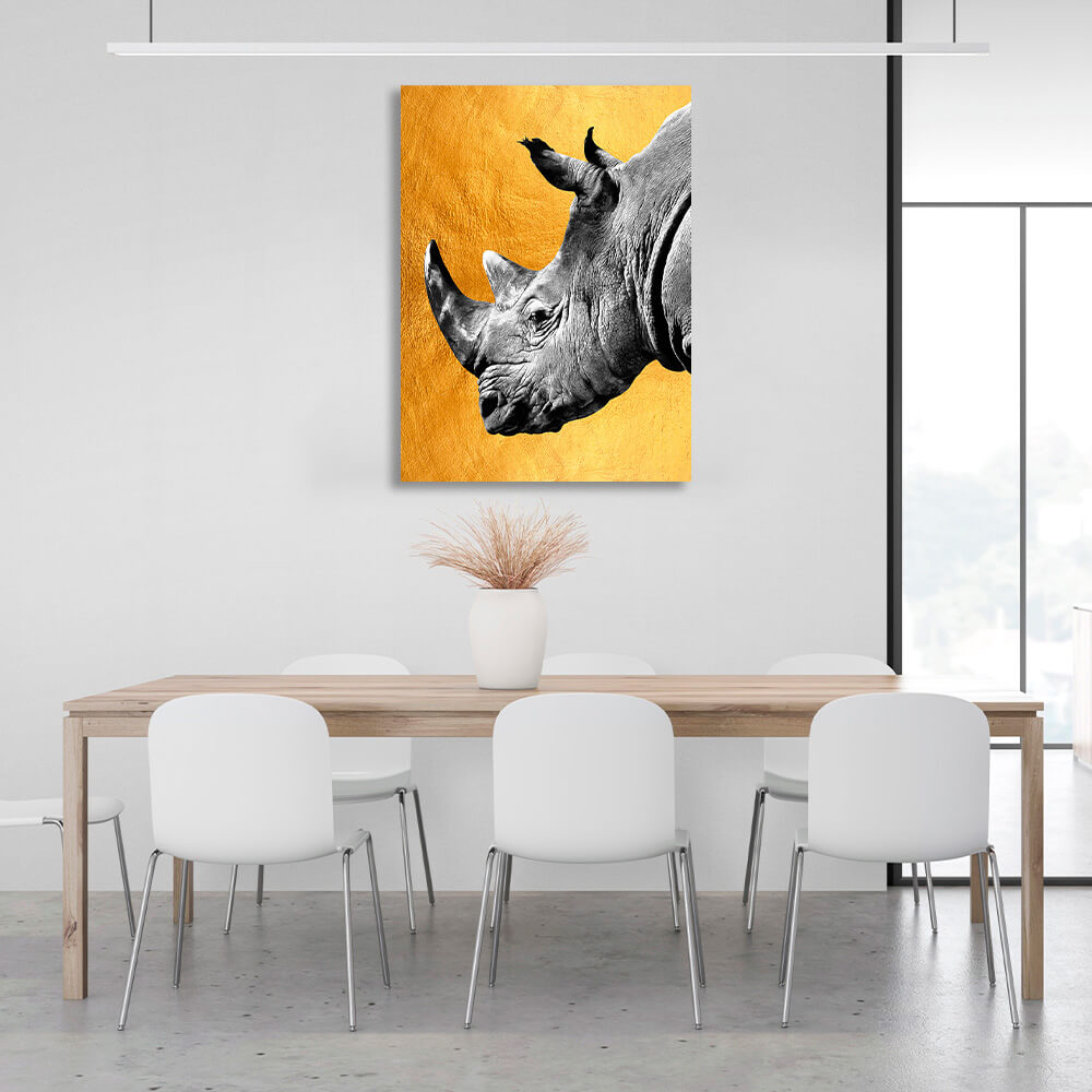 Kunstdruck auf Leinwand, Motiv: graues Nashorn auf goldenem Hintergrund