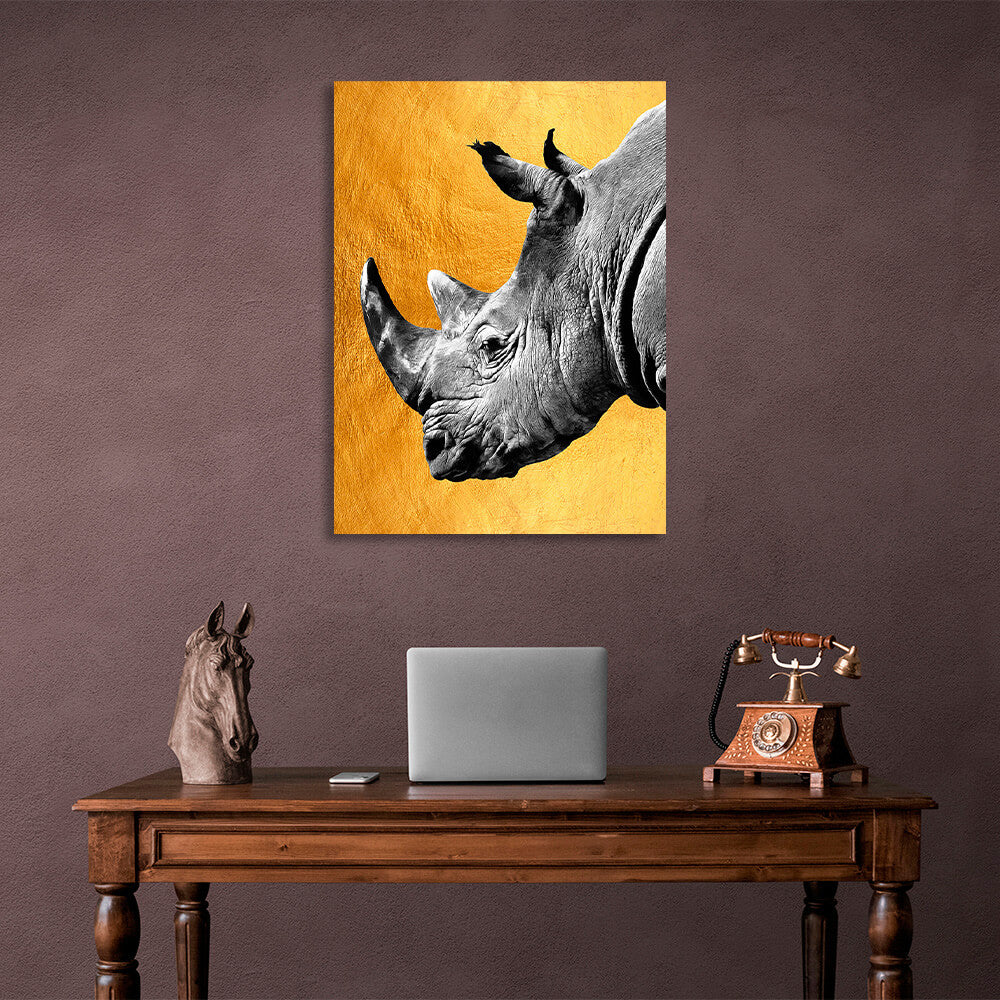 Kunstdruck auf Leinwand, Motiv: graues Nashorn auf goldenem Hintergrund