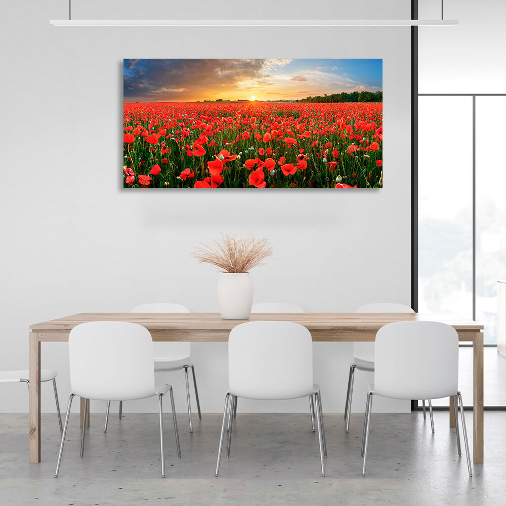 Leinwandbild „Ein Feld mit roten Mohnblumen bei Sonnenuntergang“