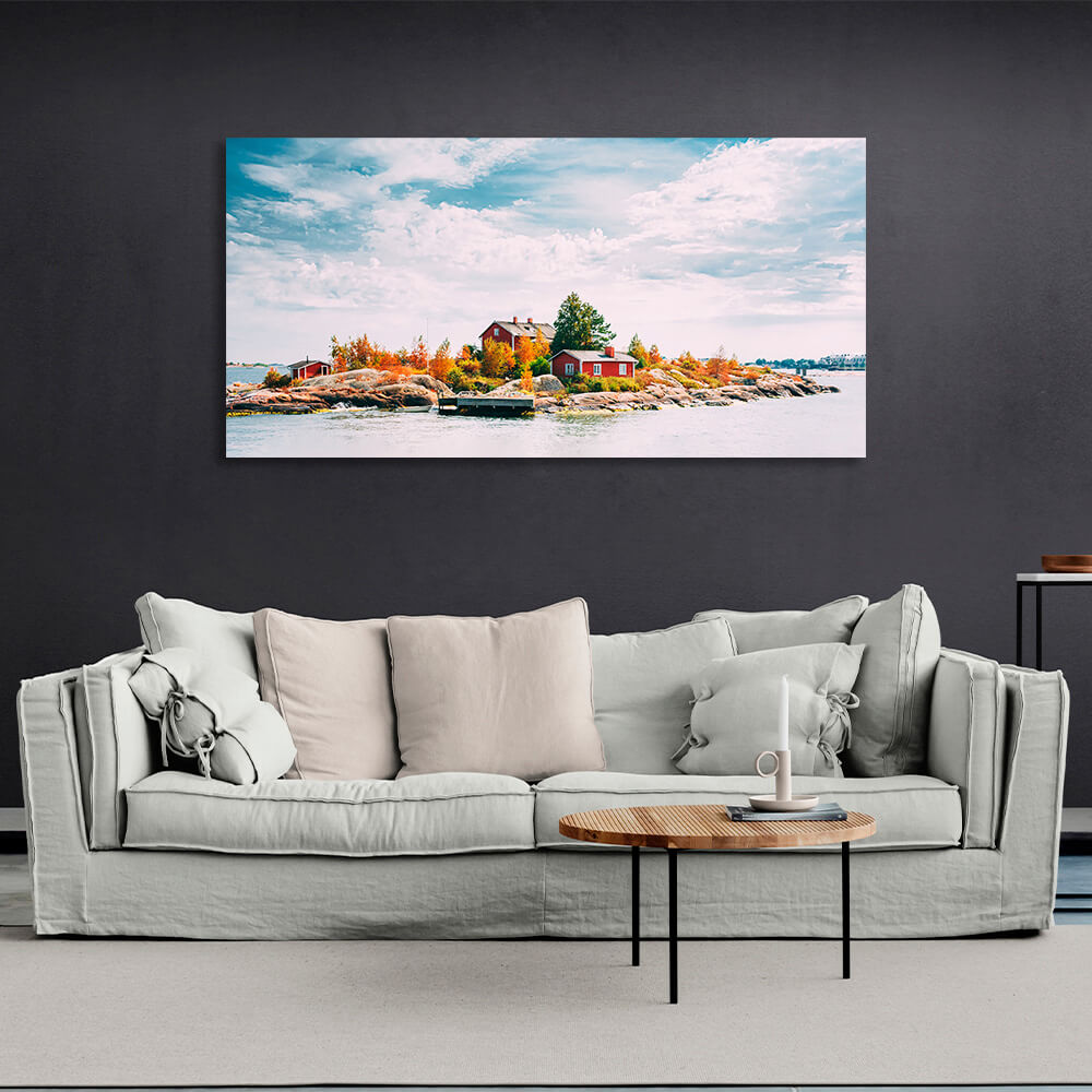 Kunstdruck auf Leinwand, Motiv „Drei kleine Häuser auf einer Klippe im Meer“