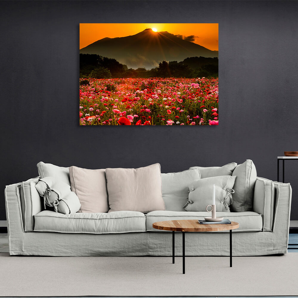 Kunstdruck auf Leinwand, Motiv: Ein Feld mit Mohnblumen vor dem Hintergrund von Wald, Bergen und Sonnenuntergang