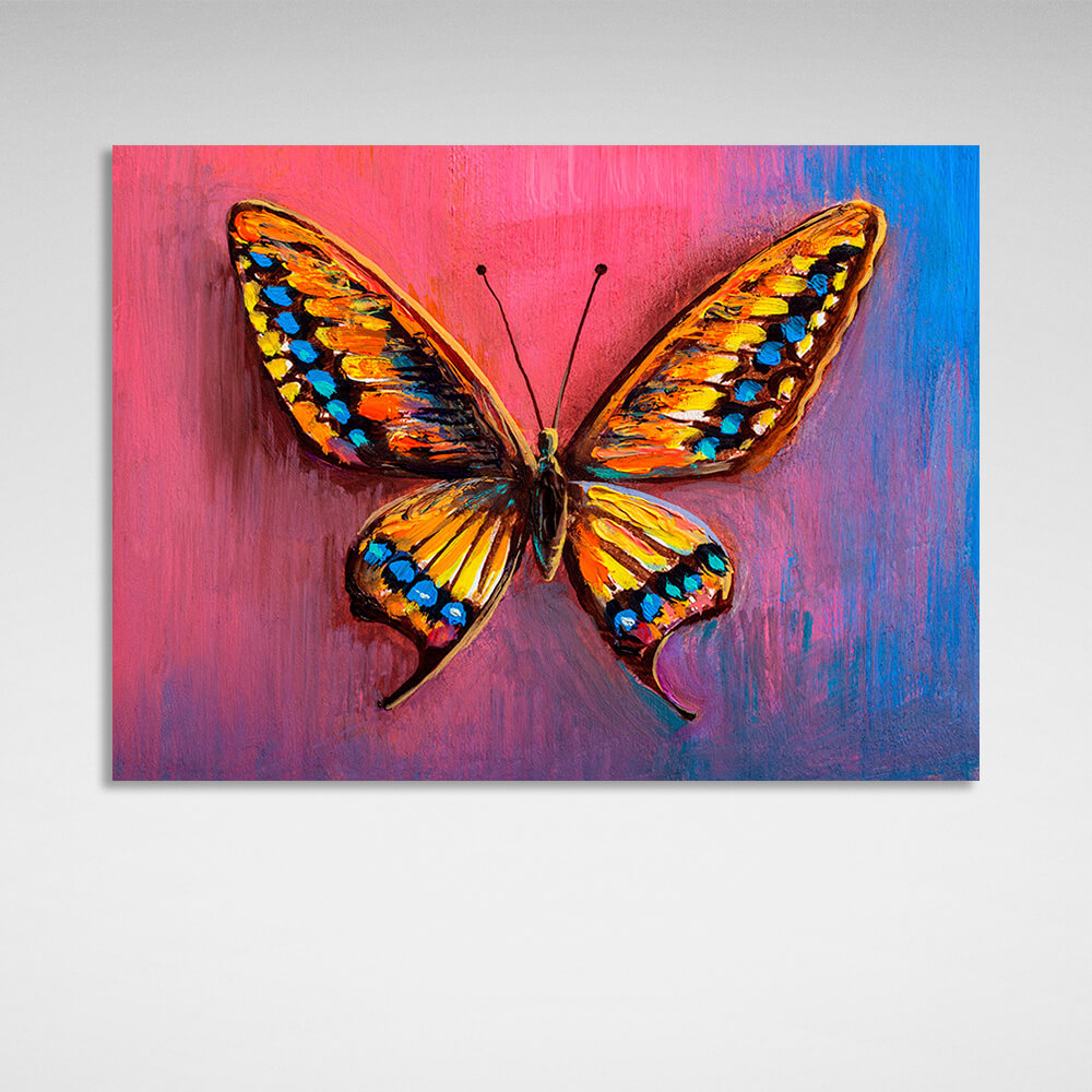 Orangefarbener Schmetterling auf rosa und blauem Hintergrund – Kunstdruck auf Leinwand