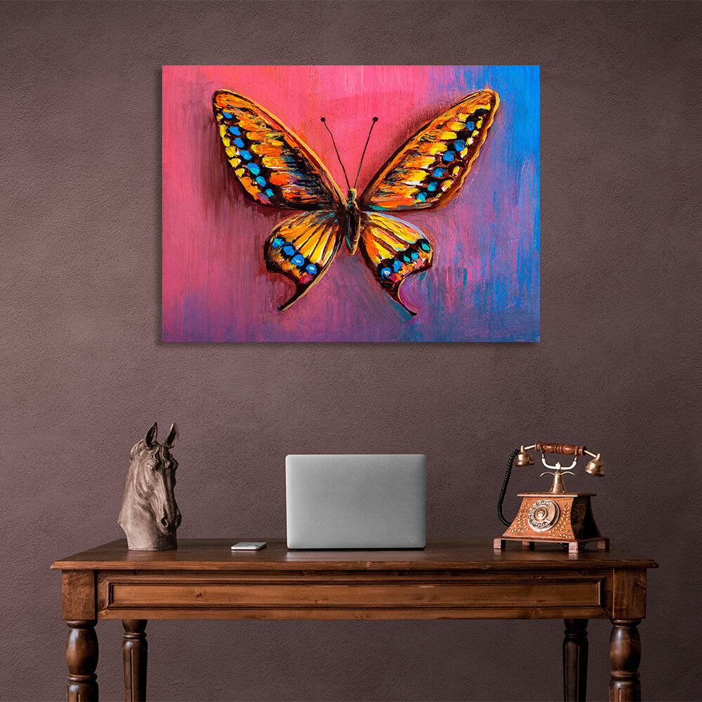 Orangefarbener Schmetterling auf rosa und blauem Hintergrund – Kunstdruck auf Leinwand