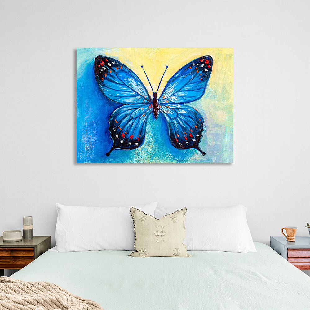 Blauer Schmetterling auf blau-gelbem Hintergrund Leinwandbild