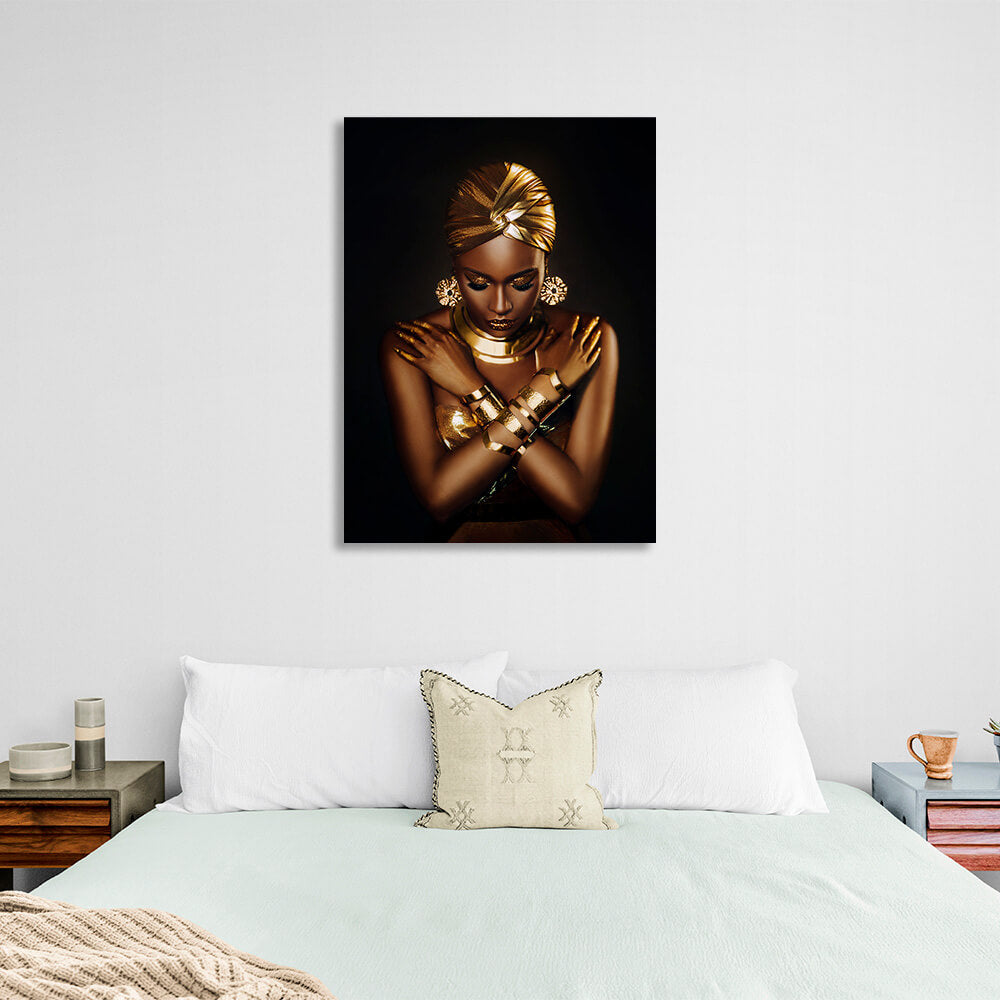 Oriental woman looking down in brown and gold colors Canvas Wall Art Print