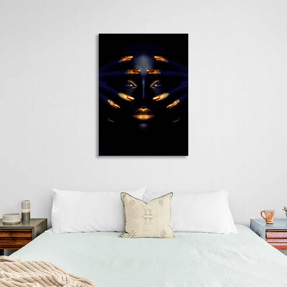 Dark woman with a gold manicure Canvas Wall Art Print