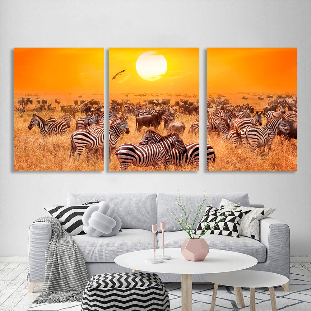 Modularer Kunstdruck auf Leinwand, Motiv: Zebras auf dem Feld, mehrere Teile