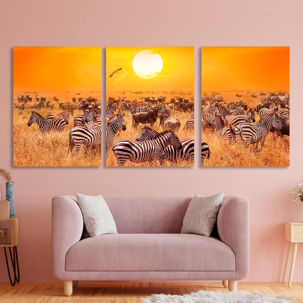 Modularer Kunstdruck auf Leinwand, Motiv: Zebras auf dem Feld, mehrere Teile