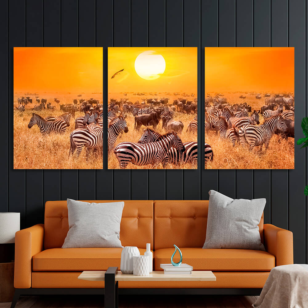 Modularer Kunstdruck auf Leinwand, Motiv: Zebras auf dem Feld, mehrere Teile