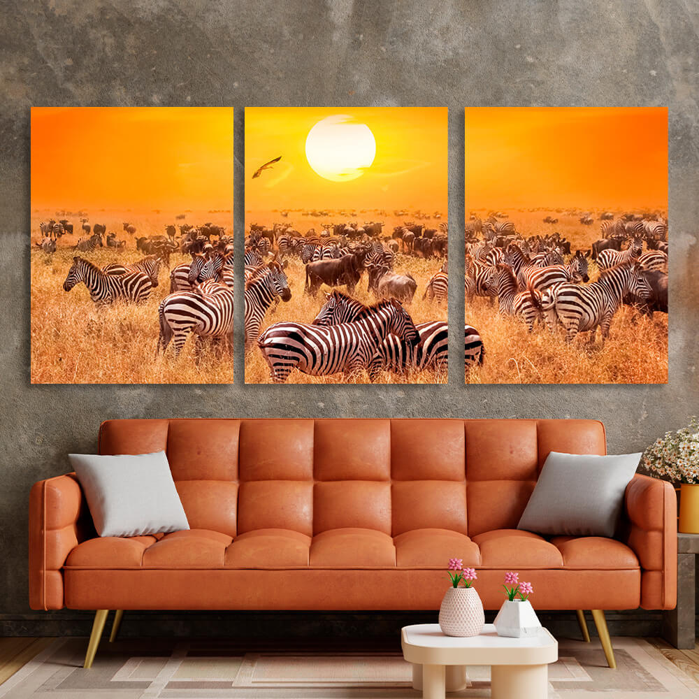 Modularer Kunstdruck auf Leinwand, Motiv: Zebras auf dem Feld, mehrere Teile