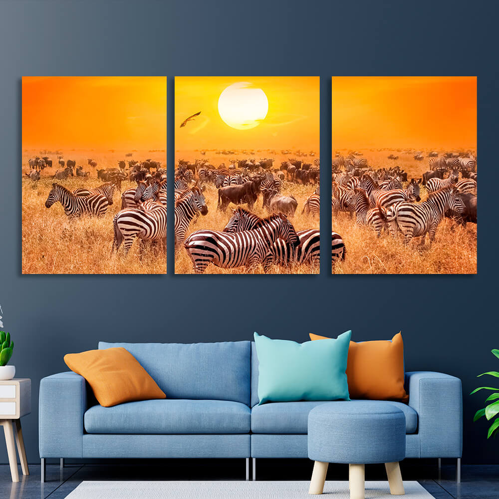 Modularer Kunstdruck auf Leinwand, Motiv: Zebras auf dem Feld, mehrere Teile