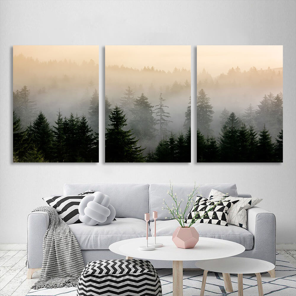 Modularer Kunstdruck auf Leinwand, mehrere Teile, Nebel im Wald