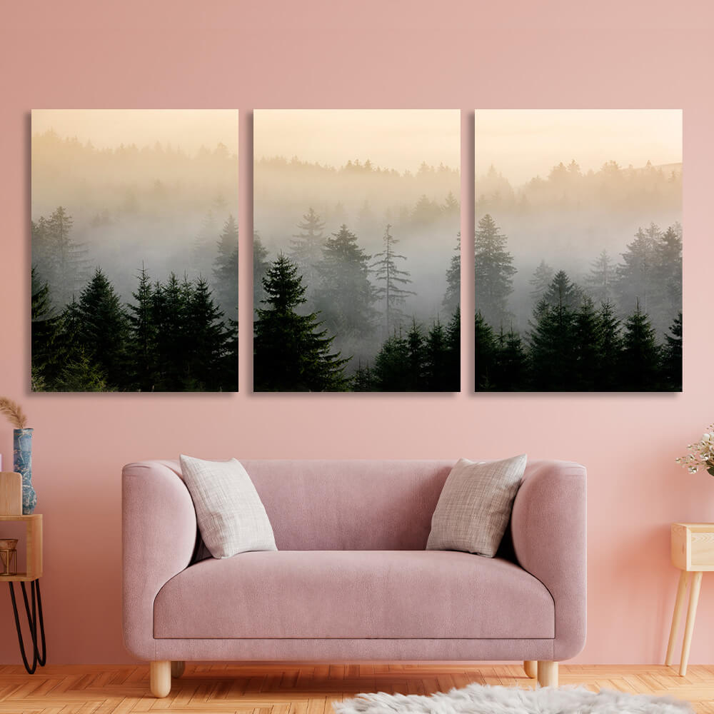 Modularer Kunstdruck auf Leinwand, mehrere Teile, Nebel im Wald