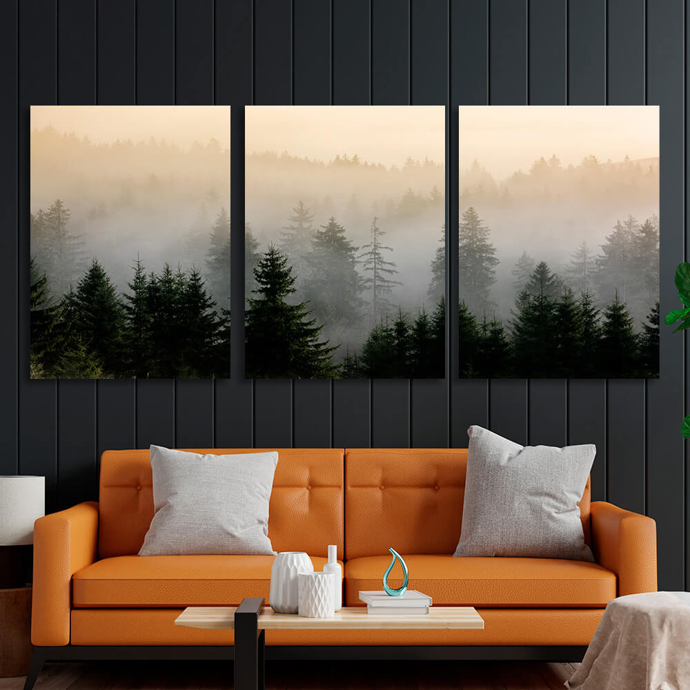 Modularer Kunstdruck auf Leinwand, mehrere Teile, Nebel im Wald