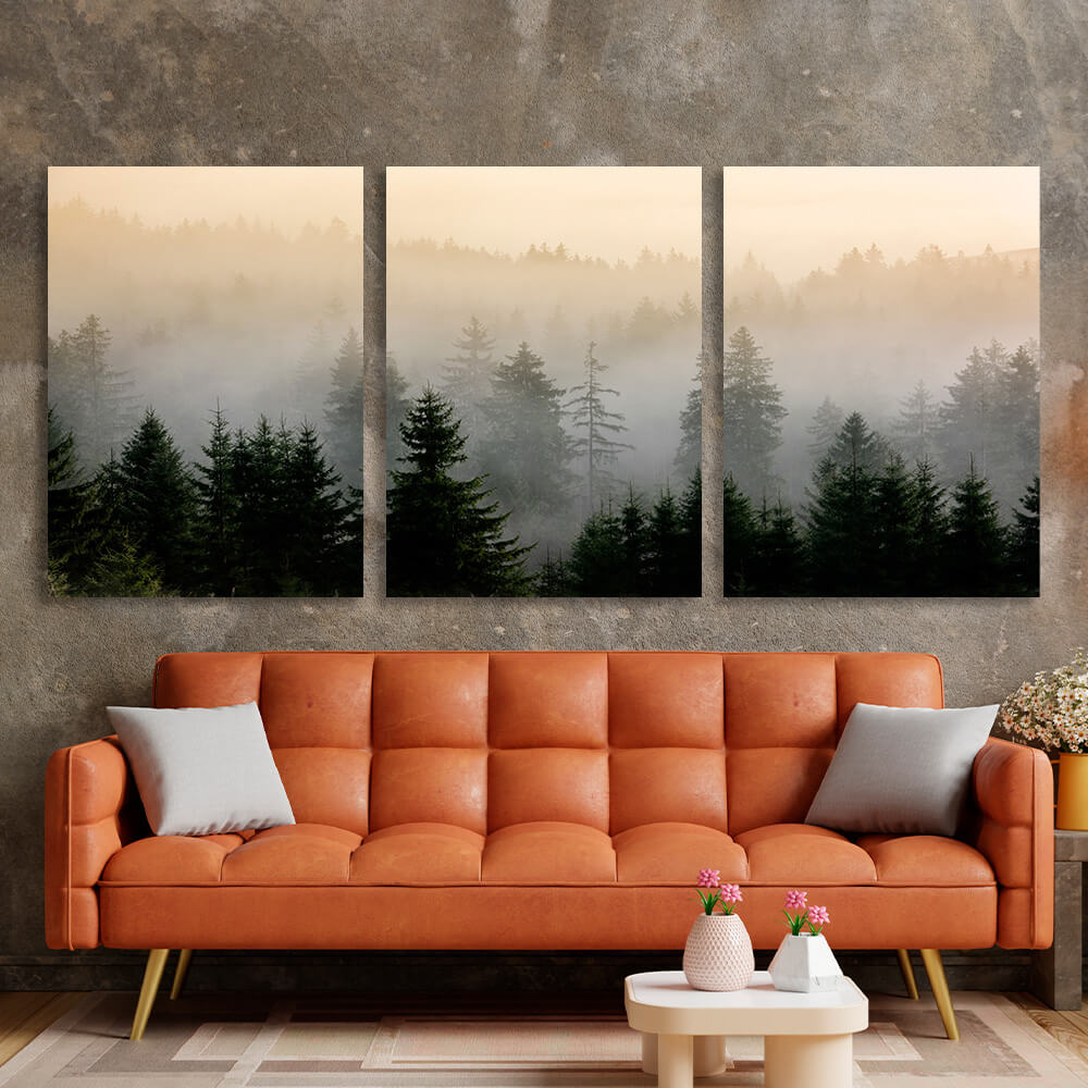 Modularer Kunstdruck auf Leinwand, mehrere Teile, Nebel im Wald