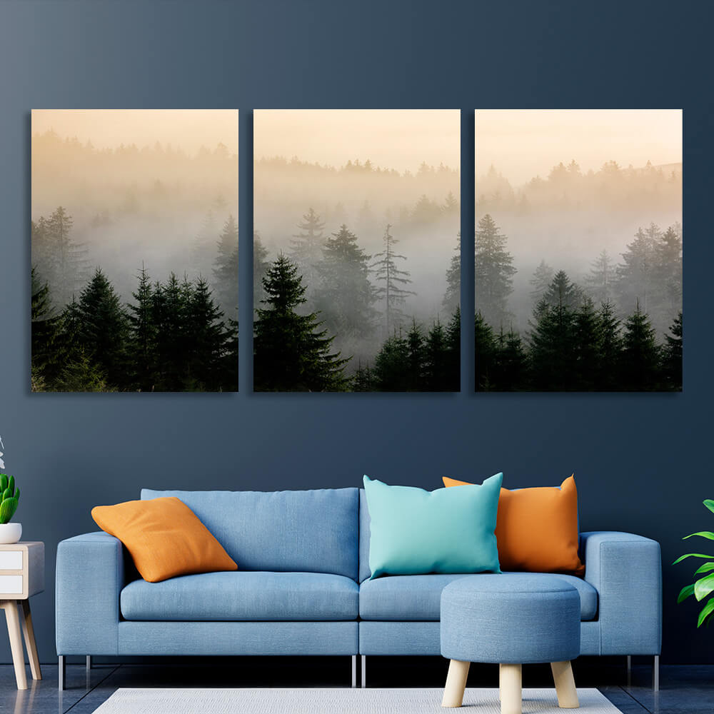 Modularer Kunstdruck auf Leinwand, mehrere Teile, Nebel im Wald