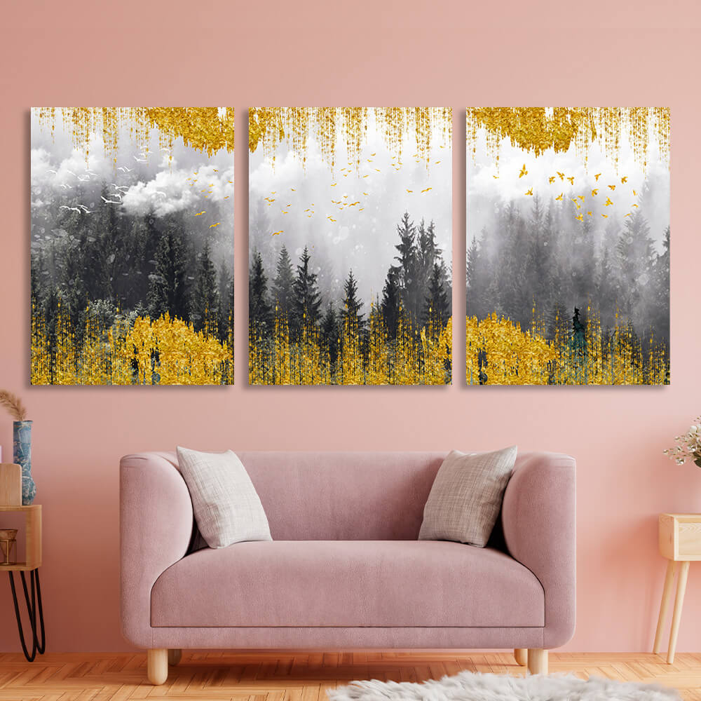 Modular misty forest with golden elements Multi Panel Canvas Wall Art Print