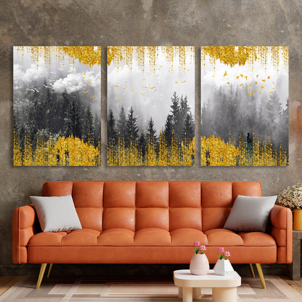 Modular misty forest with golden elements Multi Panel Canvas Wall Art Print