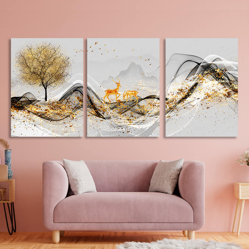 Modular gold deer on a gray background Multi Panel Canvas Wall Art Print