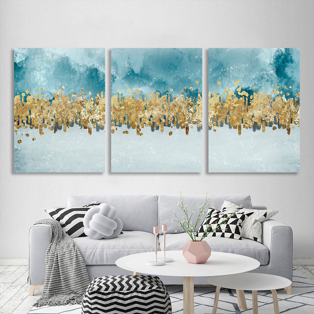 Modular blue-gray abstract with gold elements Multi Panel Canvas Wall Art Print