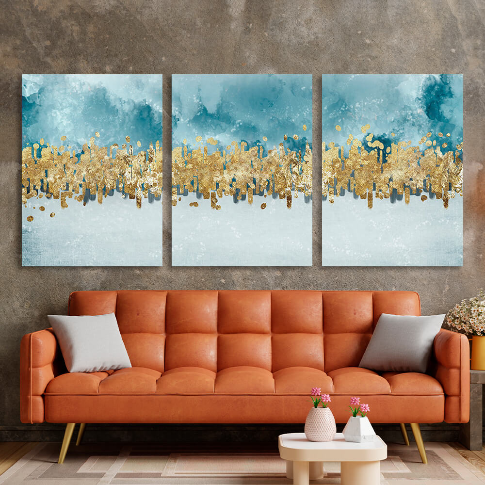 Modular blue-gray abstract with gold elements Multi Panel Canvas Wall Art Print