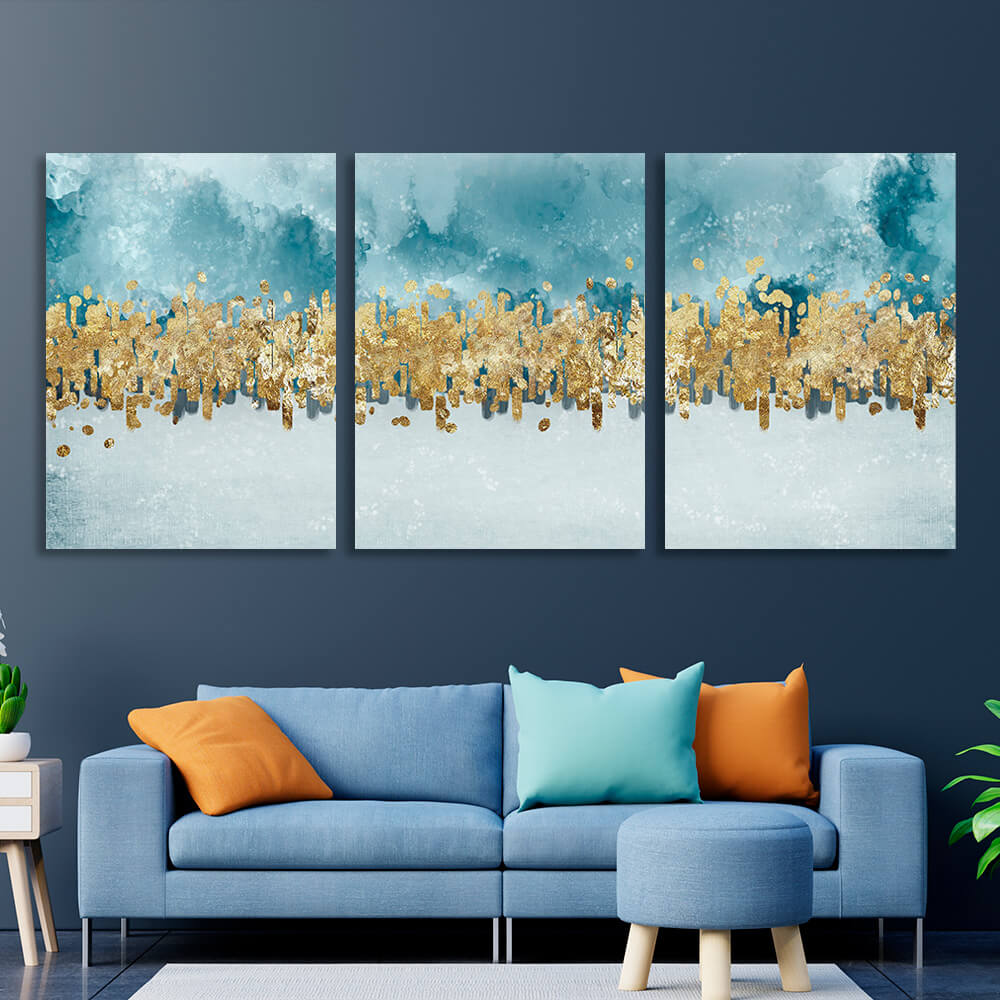 Modular blue-gray abstract with gold elements Multi Panel Canvas Wall Art Print