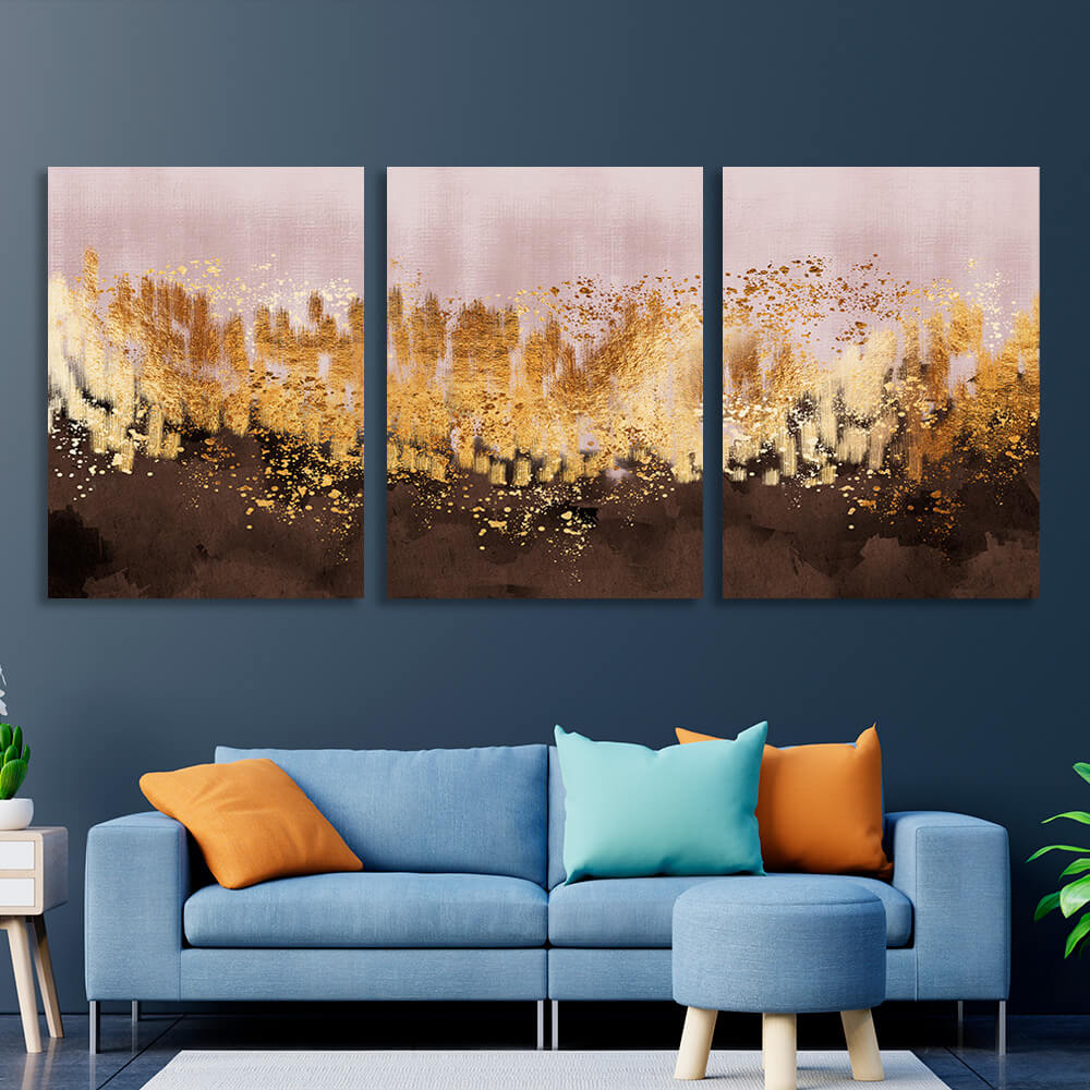 Modular powder brown abstract with gold elements Multi Panel Canvas Wall Art Print