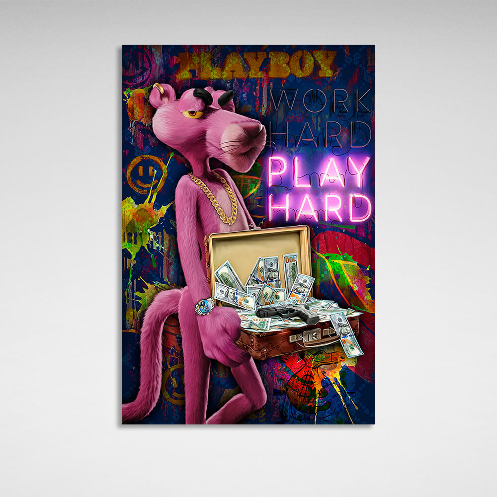 Pink Panther spielt für Erwachsene. Motivierender Kunstdruck auf Leinwand