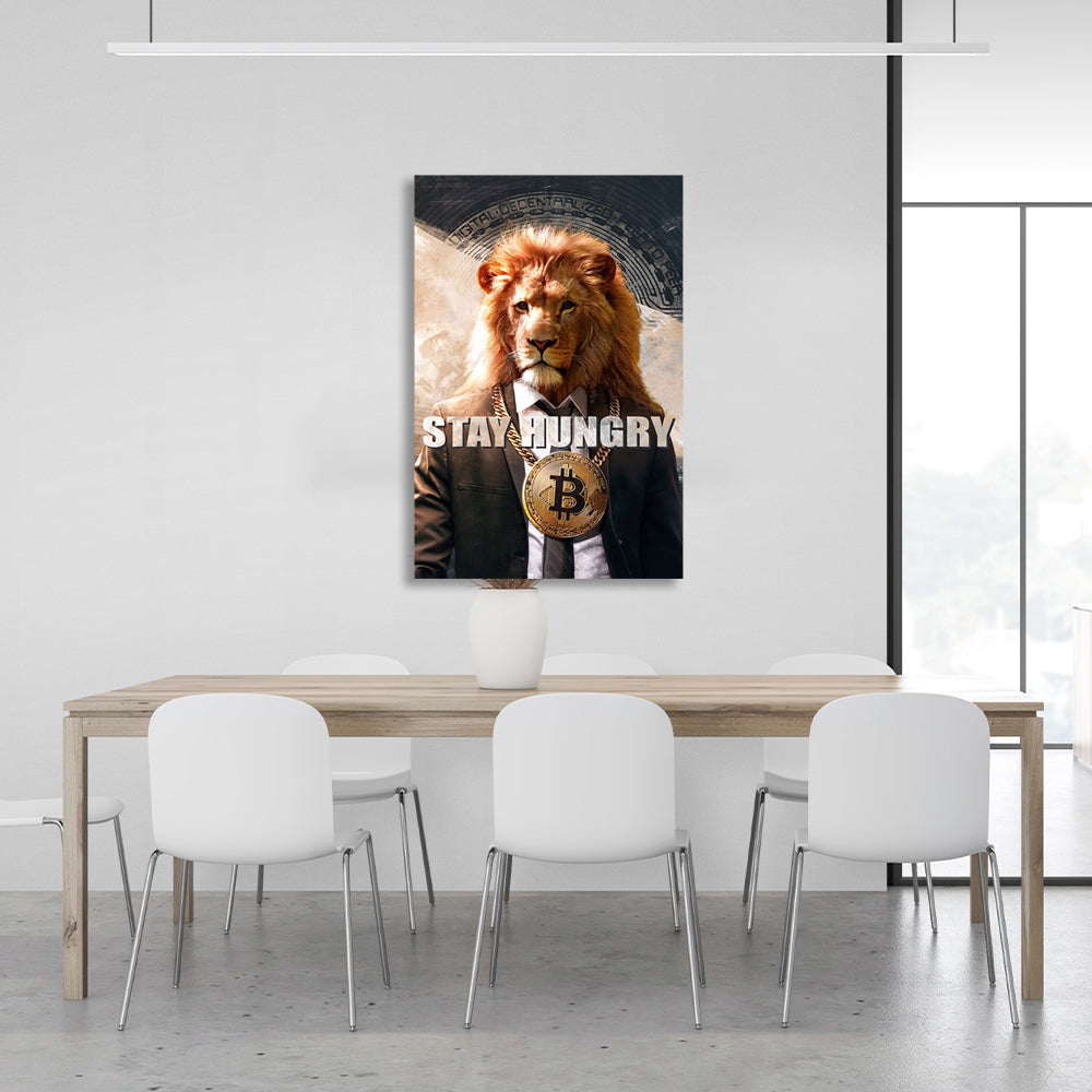 Bitcoin Lion Stay Hungry Motivierender Leinwand-Kunstdruck