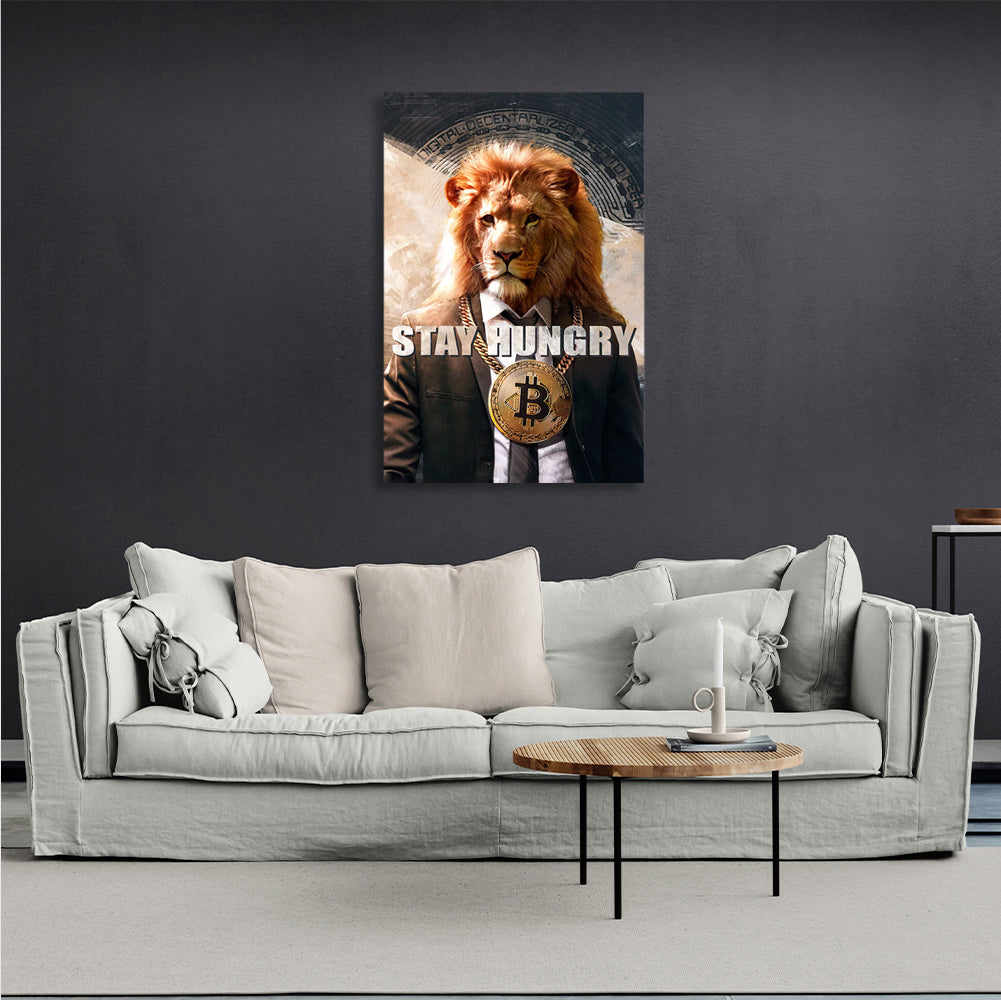 Bitcoin Lion Stay Hungry Motivierender Leinwand-Kunstdruck