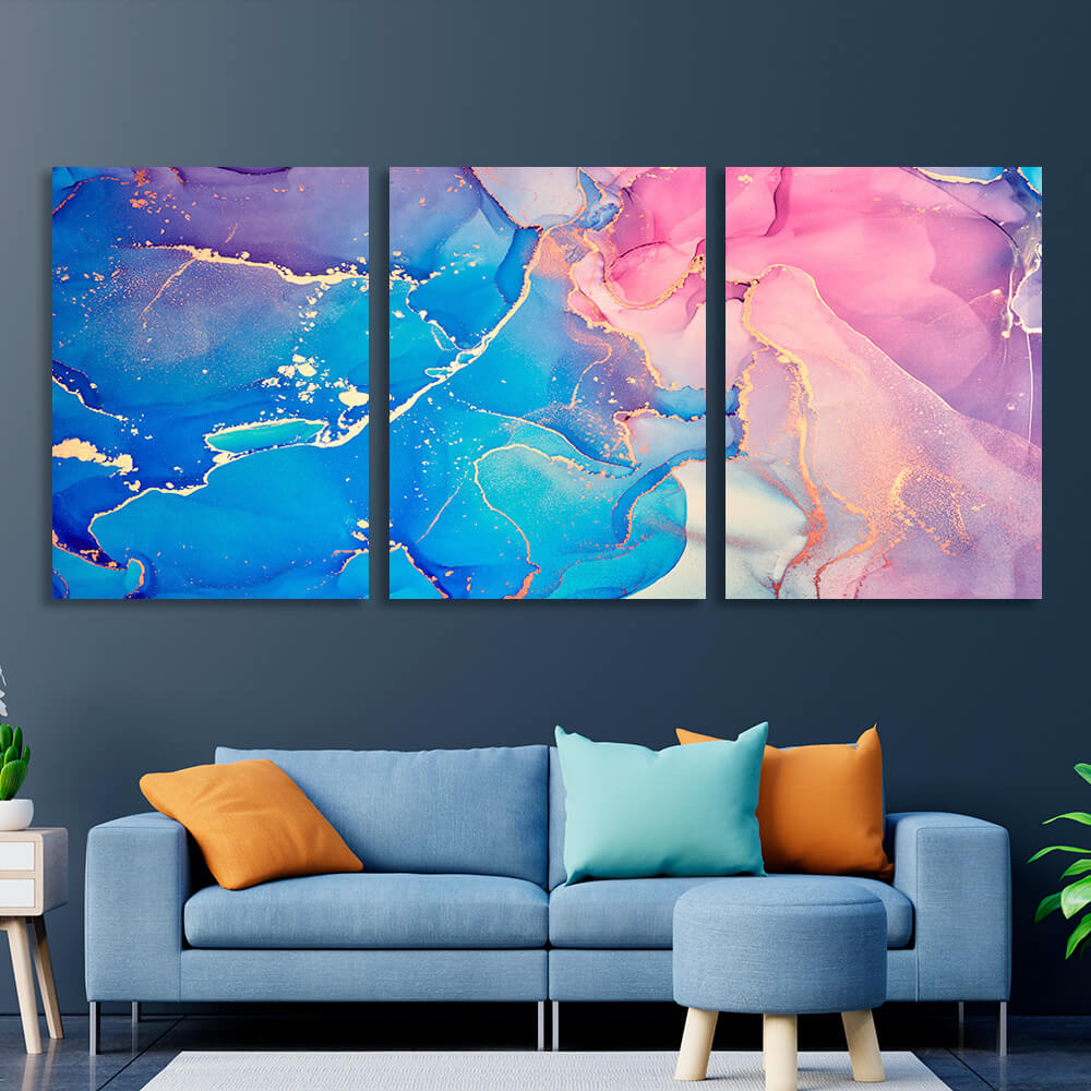 Modular blue and pink abstract Multi Panel Canvas Wall Art Print