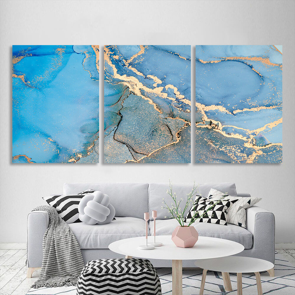 Modular blue and gold abstract Multi Panel Canvas Wall Art Print