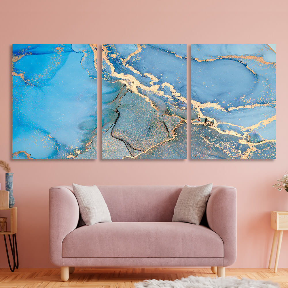 Modular blue and gold abstract Multi Panel Canvas Wall Art Print