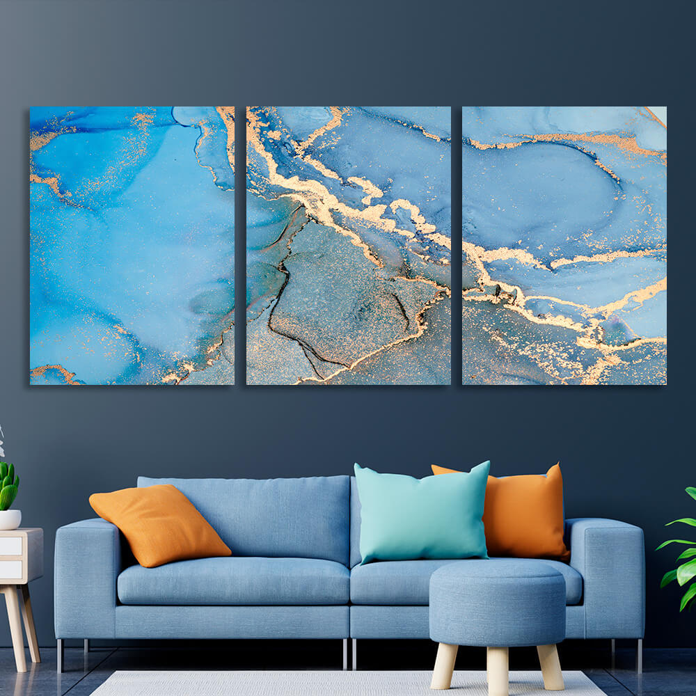 Modular blue and gold abstract Multi Panel Canvas Wall Art Print